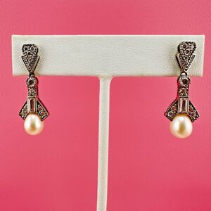 Sterling Silver 925 CZ Pearl Earrings Art Deco Style Signed TOVA Pierced Drop